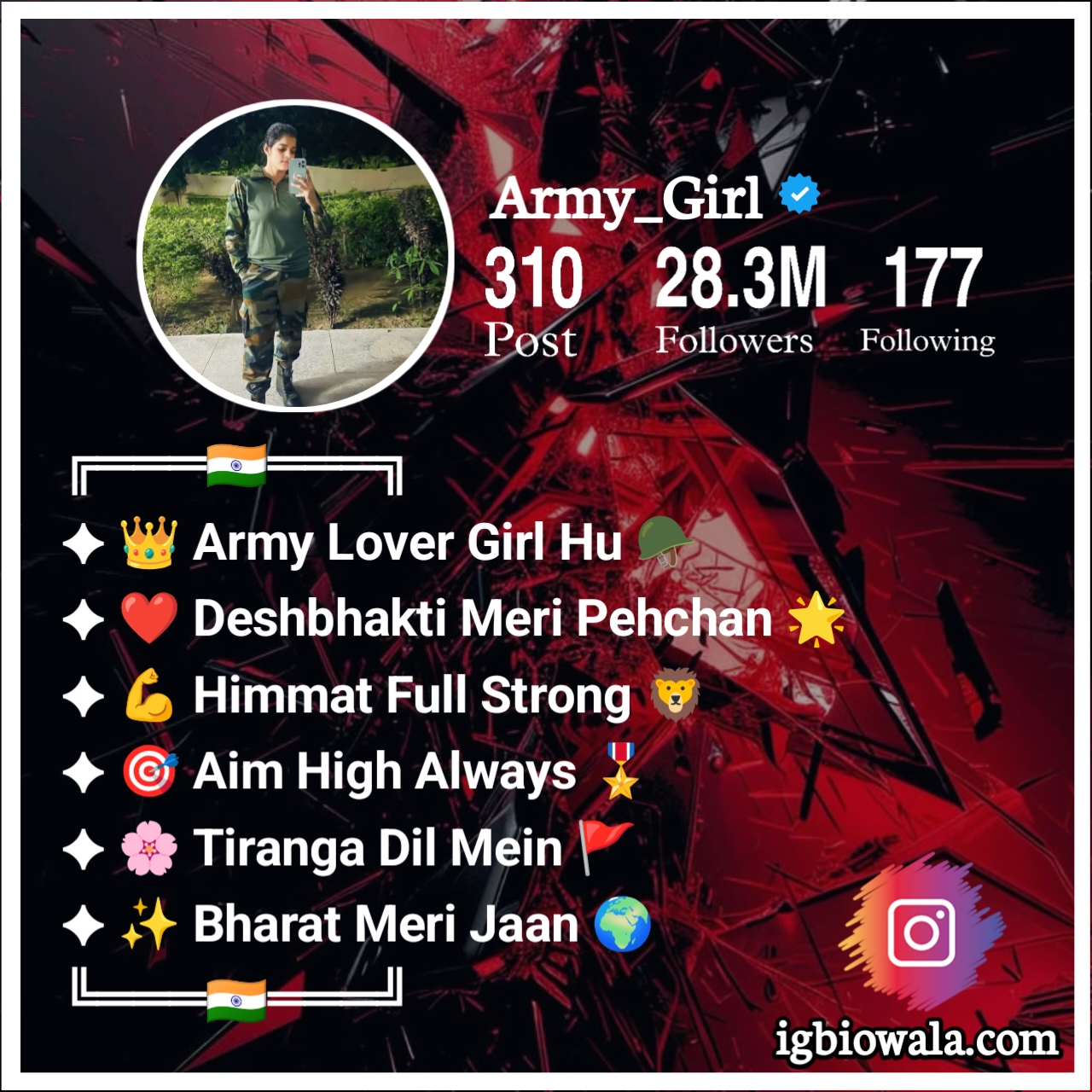 Instagram Bio Army Lover Stylish Girl