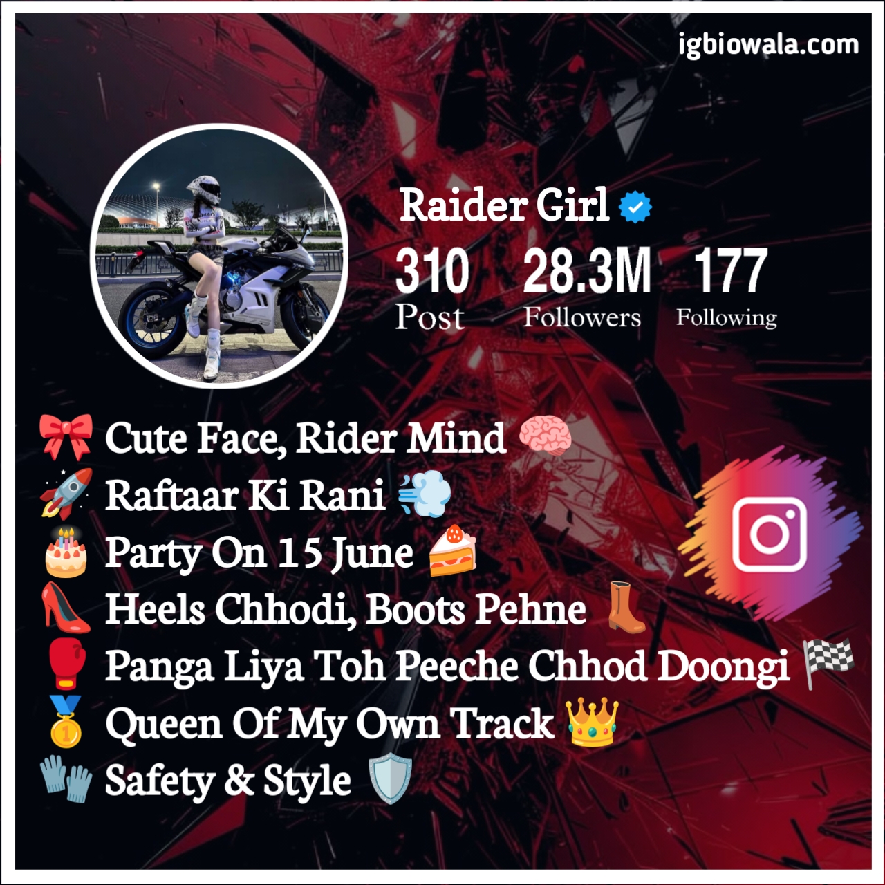 Bike Rider Bio For Instagram For Girl